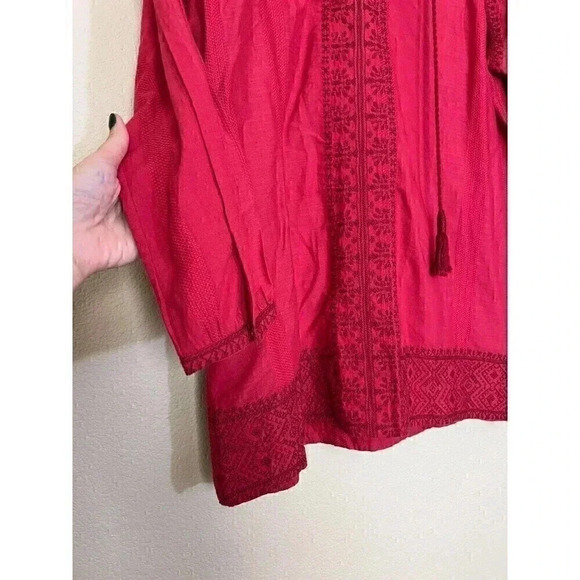 Madewell Women's Top Size XXS Red Embroidered 3/4 Sleeve Tassel Holiday - Picture 2 of 11